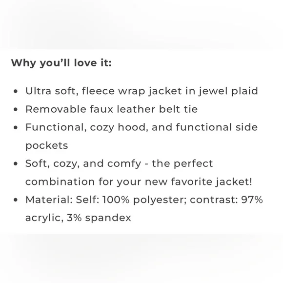 Fleece Jewel Plaid Wrap Jacket | Multi Fleece Plaid Wrap Jacket L/XL - Picture 6 of 12